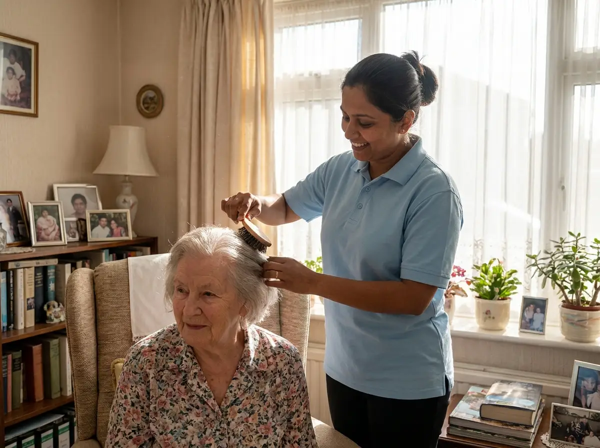 A Mary Angels caregiver supporting a senior at home