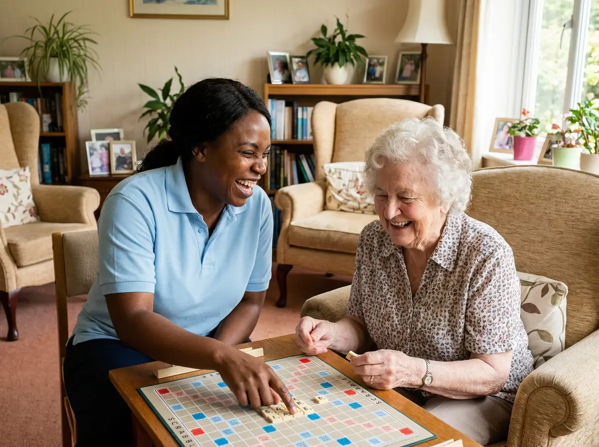 A Mary Angels caregiver supporting a senior at home