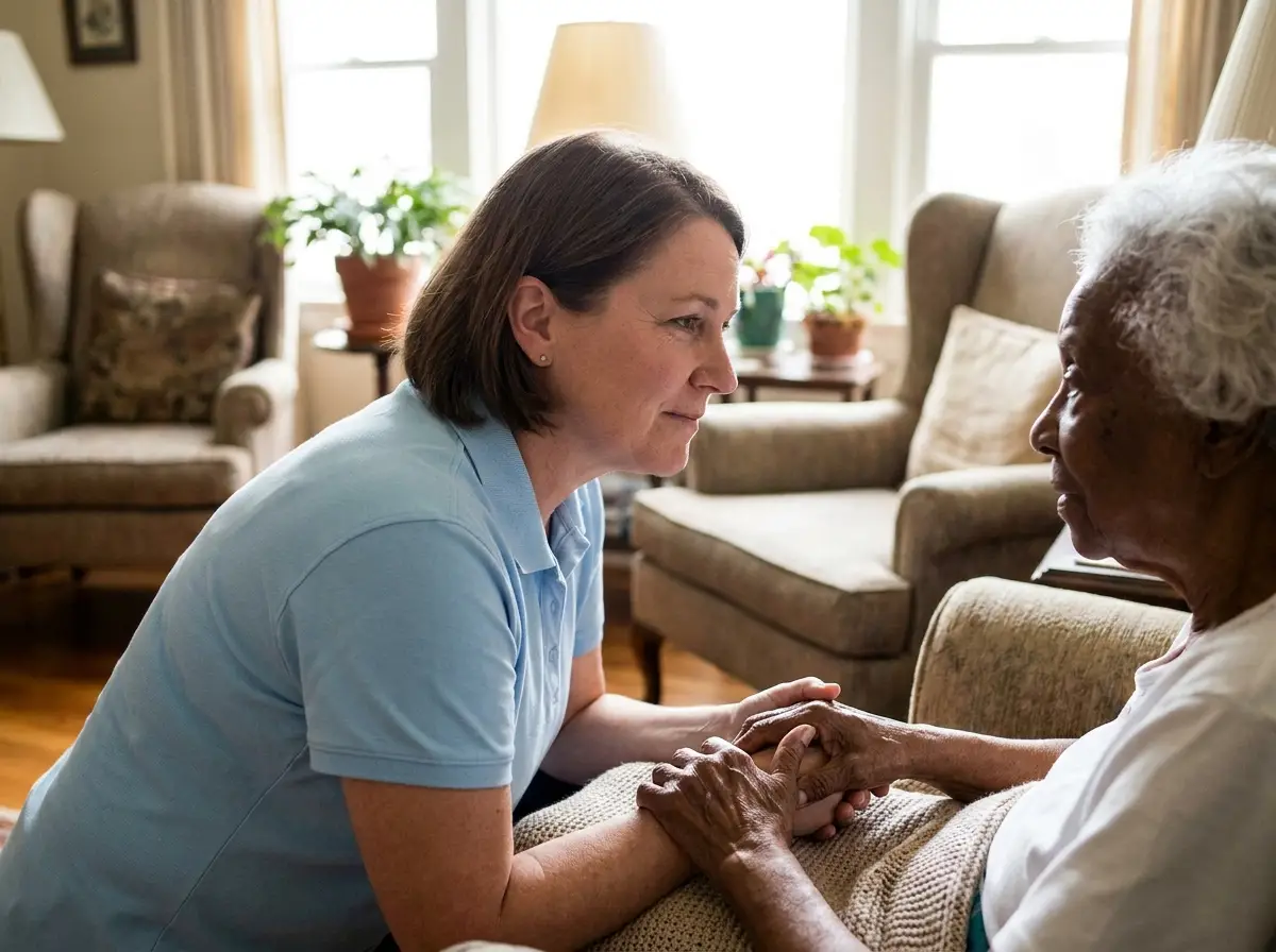 A Mary Angels caregiver supporting a senior at home