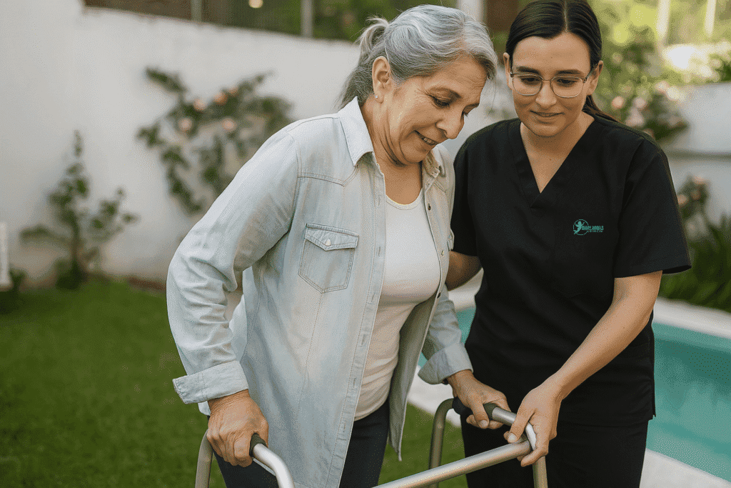 Senior receiving compassionate in-home care from caregiver