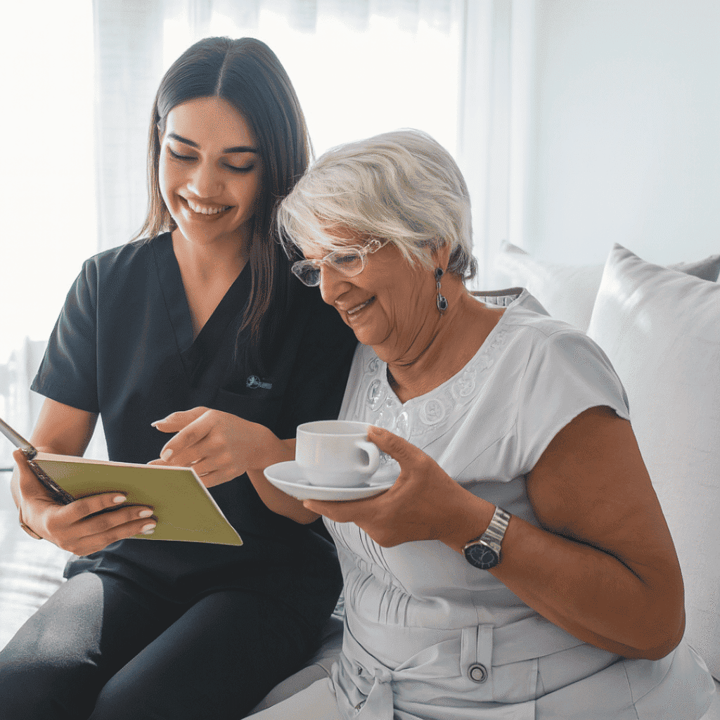 Caregiver providing respite care to senior at home