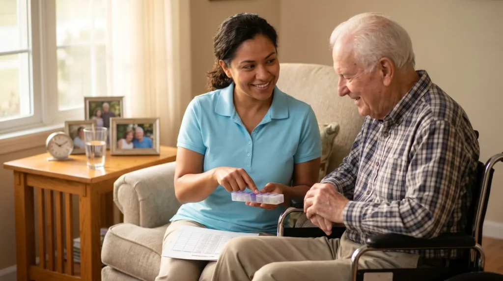 Mary Angels Home Care caregiver — daily living pill box